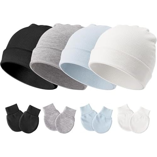 DRESHOW BQUBO Baby Newborn Hats with Scratch Mittens for Unisex Preemie Newborn Hats Hospital Hats for Boys Girls 0-6 Months