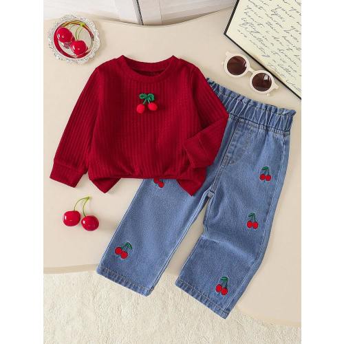 Baby Girls Valentine's Day Waffle Solid Cherry Decor Long Sleeve Crew Neck Top + Casual Embroidered Denim Pants | SHEIN USA