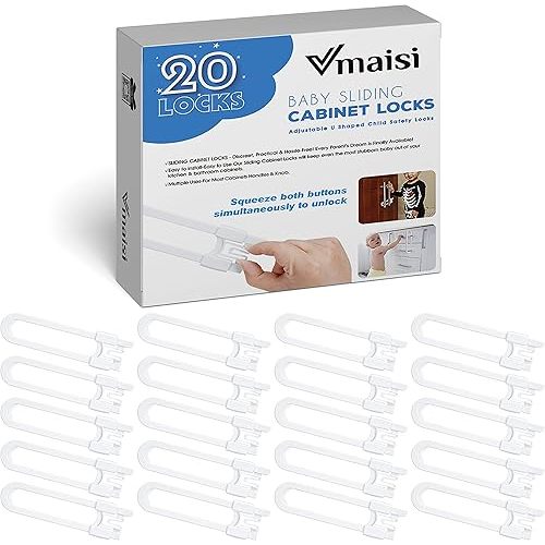 20 Pack U Shaped Sliding Cabinet Locks Baby Proofing - Vmaisi Adjustable Child Safety Locks,Childproof Latches for Kitchen Bathroom Storage Cupboards Doors, Handles and Knobs White