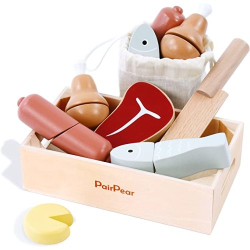 PairPear Wooden Play Food Cutting Meat Set - Wooden Toys for Toddlers Toy Food Play Kitchen Accessories - Meats