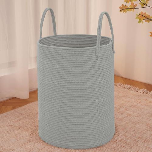 Large Woven Laundry Basket Hamper,100L Cotton Rope Storage Bin for Blankets,Toys and Clothes,Decorative Tall Nursery Hamper for Living Room,Baby Nursery,Bathroom and Bedroom,Grey
