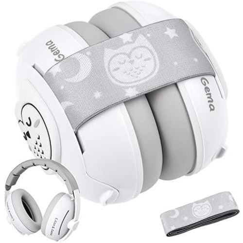 Lilian&Gema 2-in-1 Baby Ear Muffs Noise Protection up to 48 Months - Cute Owl Ear Protection for Infant & Toddler - Baby Airplane/Travel Essentials - Adjustable Noise Reduction Earmuffs, White