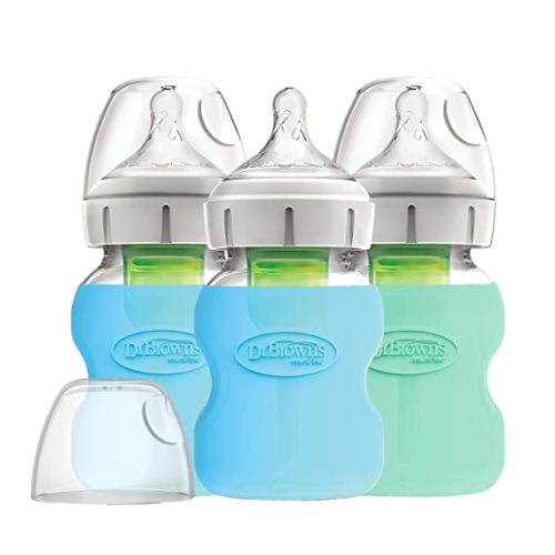 Dr. Brown’s Natural Flow® Anti-Colic Options+™ Wide-Neck Glass Baby Bottles 5 oz/150 mL, with Level 1 Slow Flow Nipple, 3 Pack with Blue & Mint 100% Silicone Sleeves, 0m+ - 3 Pack, 5 oz + Blue & Mint