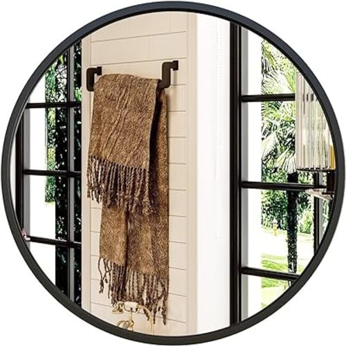 Growsun 28'' Black Round Mirror for Bathroom, Circle Bathroom Mirror for Wall, Entryway Living Room with Metal Frame for Home Decor