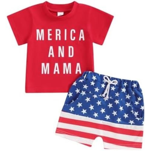 Madjtlqy Baby Boy 4th of July Outfit USA Letter Print Short Sleeve T-Shirt Stripe Star Shorts Set Patriotic Summer Clothes