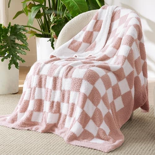 Bedsure Checkered Throw Blanket for Couch - Super Soft, Cozy & Warm Knit Blanket, Breathable, Lightweight & Fluffy for Bed & Sofa, Checkered Pink, 50x60 Inches