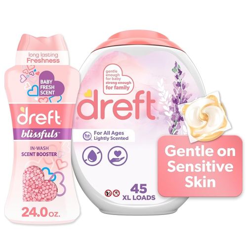 Dreft Laundry Bundle: Dreft Detergent Pacs, Lightly Scented, Lavender, HE Compatible, 45 Count + Dreft Blissfuls In-Wash Scent Booster Beads, Baby Fresh Scent, 24 oz