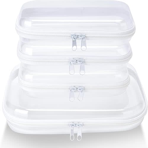 4 pcs Clear Hard Zipper Pouch Case for Storage, Stackable Waterproof Transparent CLear Zipper Bag, Toiletry Pouch, Travel Organizer, Clear Cosmetic Bag,Toy Storage Bins (M+3S)