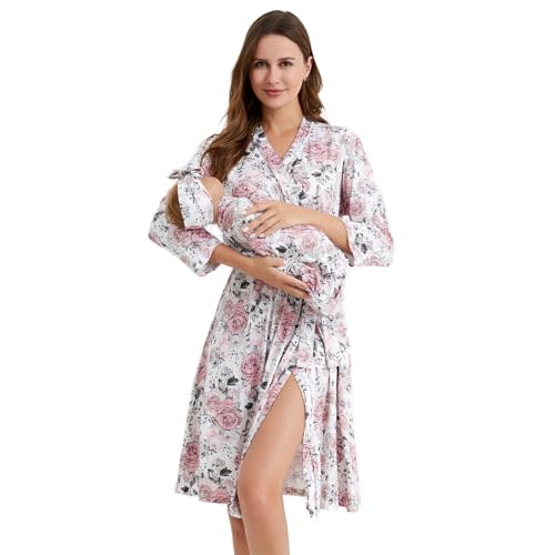 Galabloomer Vintage Maternity Robe and Baby Receiving Blanket, Matching Mommy Labor Delivery Robe and Swaddle Set