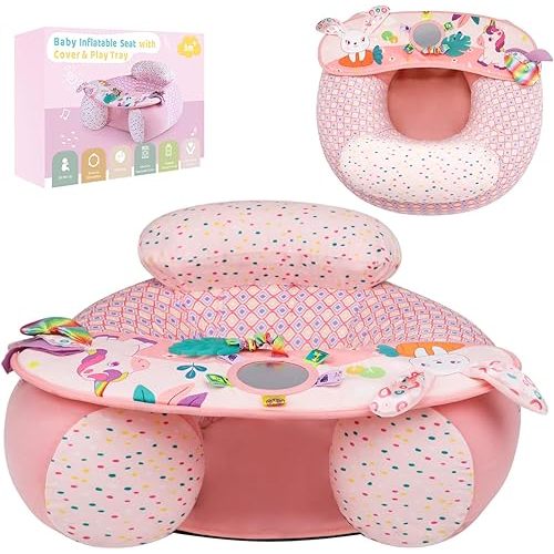 Baby Inflatable Seat with Cover for Babies 3-36 Months, Portable Baby Chair Sit Me Up Floor Seat with Detachable Activity Sensory Tray, Baby Seats for Sitting up, Unicorn