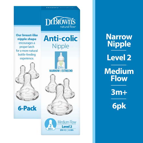 Dr. Brown's Level 2 Medium Flow Baby Bottle Nipple, 3m+, 100% Silicone, Anti-Colic, Breast-like, 6 Pack