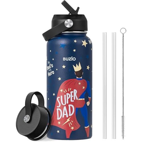 Father's Day Gifts for Dad, Funny Birthday Gift 32oz BUZIO Insulated Water Bottle with Straw Lid Stainless Steel Dad Tumbler from Son, Cold for 48hrs Double Wall Vacuum Thermo Canteen Cup, Hero