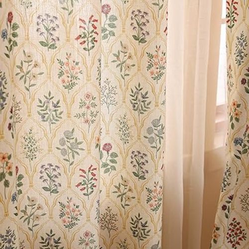ISAENNE Vintage Semi Blackout Colorful Floral Curtains,Linen Home Decor Curtain with Grommets for Bedroom Living Room Kitchen Bedroom Window,2 Panels 53 Inches Wide by 79 Inches Long -Serenity B