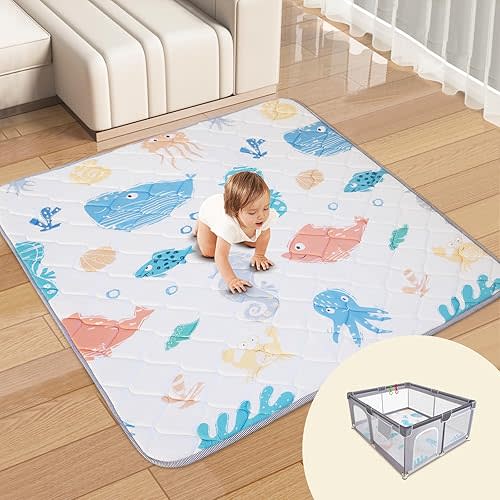 Baby Play Mat for Floor, 50'' x 50'' Baby Crawling Mat Foldable Play Mat for Playpen, Thicken Soft Padding Playmats for Babies and Toddlers Infants, Easy Care Machine Washable(Fish)
