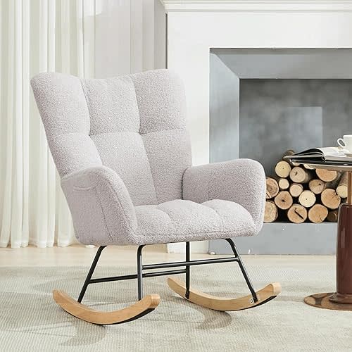 Nursery Rocking Chair Teddy Upholstered Glider Rocker Rocker Accent Chair with High Backrest Armchair Comfy Side Pocket Modern Rocking Accent Chairs for Living Room, Nursery, Office-L Grey
