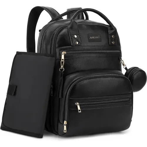 Vegan Leather Diaper Bag Backpack for Boy Girl with Changing Pad and Pacifier Case, Waterproof, Travel Baby Bag Backpack for Mom Dad, Perfect Baby Shower Gifts, Black