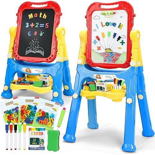 STEAM Life Large Art Easel for Kids, Double-Sided 4In1 Toddler Easel with Rotable Magnetic Chalkboard & White Drawing Board, Height Adjustable with Magnetic Letters & Numbers Gifts for Boys and Girls