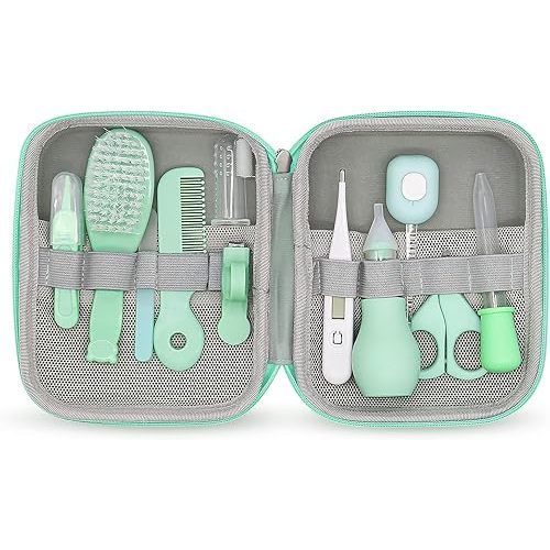 Baby Grooming Kit, 15 in 1 Portable Baby Safety Care Kit with Baby Brush and Comb Set Nail Clippers Nasal Aspirator etc for Nursery Newborn Infant Girl Boys Keep Clean Baby Essentials (Green)