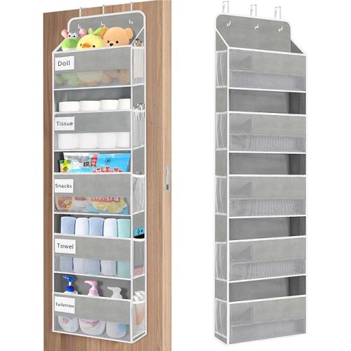 Over The Door Organizer Storage, 44lbs Weight Capacity Hanging Door Organizer, Behind Door Organizer with 5 Large Pockets 10 Mesh Side Pockets 5 PVC Pouches for Nursery Bathroom Bedroom Pantry