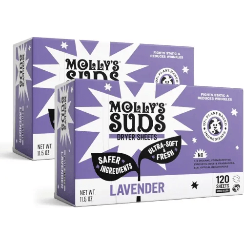 Molly's Suds Fabric Softener Dryer Sheets for Sensitive Skin | Plant-Based Static Reducer, Plastic-Free Packaging | Bundle of 2, Lavender (240 Sheets Total)