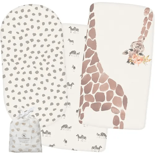 POPPI & MAX 100% Organic Bassinet Sheets for Baby Boy/Girl – Fitted Baby Sheets for Halo, Snoo, Dream on Me, Baby Delight, Ingenuity + More – Jersey Cotton Bassinet Covers – Safari –3 Pack