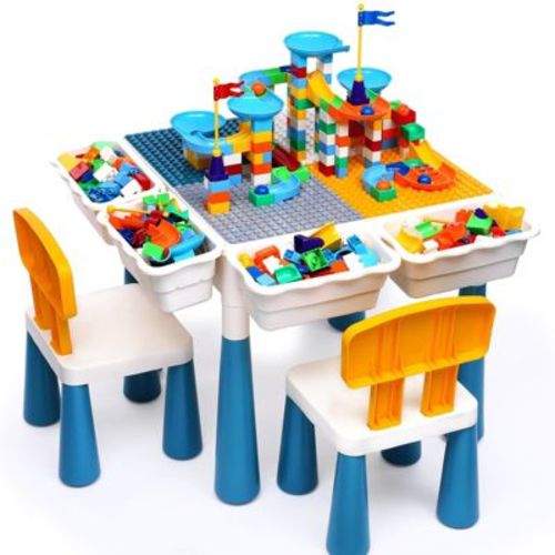 Aoibox 7 in 1 Kids Activity Table and Chair Set with 152 Marble Run Building Blocks Sand Water Learning Play Table for Ages 3-7