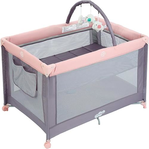 Pamo Babe Portable Playard with Mat Pad and Toy Bar Pink Play Yard for Baby