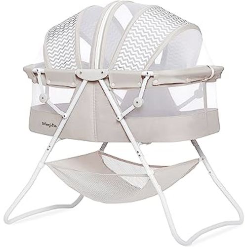 Dream On Me Karley Bassinet in Grey, Lightweight Portable Baby Bassinet, Quick Fold and Easy to Carry , Adjustable Double Canopy, Indoor and Outdoor Bassinet with Large Storage Basket.