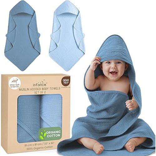 Organic Cotton Muslin Baby Hooded Towels - 32x32 Inch, 2 Pack Newborn Bath Towels for Boys & Girls, Soft & Absorbent Bath Set (Deep Blue/Aquarius)