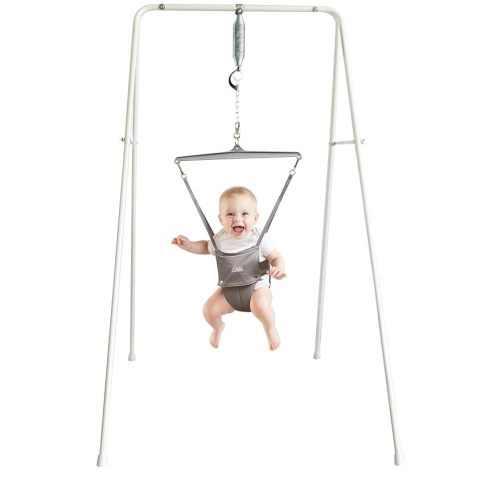 Jolly Jumper Classic (Grey) with Stand - Original Baby Jumper, Indoor and Outdoor Exercise Saddle Seat, Adjustable Height, for Infants up to 28lbs