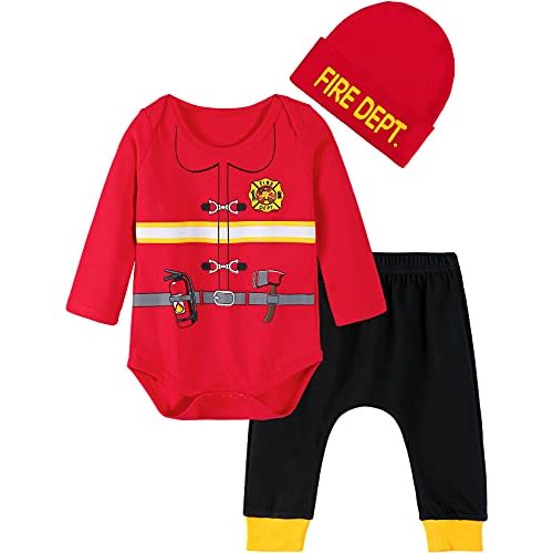 COSLAND Baby Boys' 3pc Firefighter Outfit Bodysuit & Pants & Hat Newborn-12 Months