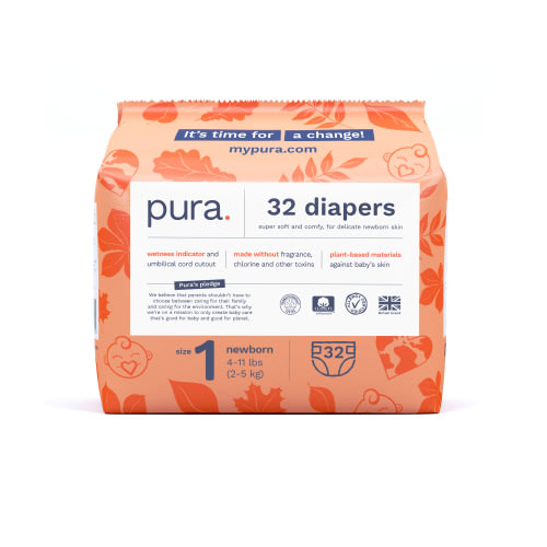 Pura Sensitive Soft Sustainable Diapers Size 1, 32 Count (Choose Your Size and Count)