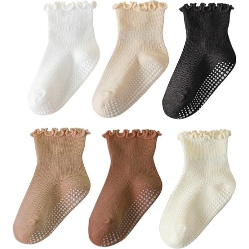 6 Pairs Toddler Ruffle Socks for Girls Baby Grip Socks Non Slip Socks Cute Grippy Frilly Socks