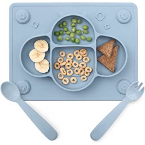 ROCCED Suction Plates for Baby placemat Spoon Fork Set for Toddlers, Silicone Baby Plates with Suction Baby Dishes for Kids Plates-Dusty blue