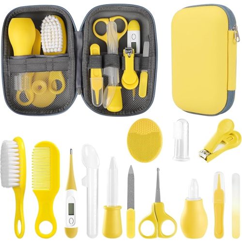 Baby Grooming Kit, Infant Safety Care Set with Hair Brush Comb Nail Clipper Nasal Aspirator,Baby Essentials Kit for Newborn Girls Boys (Yellow)