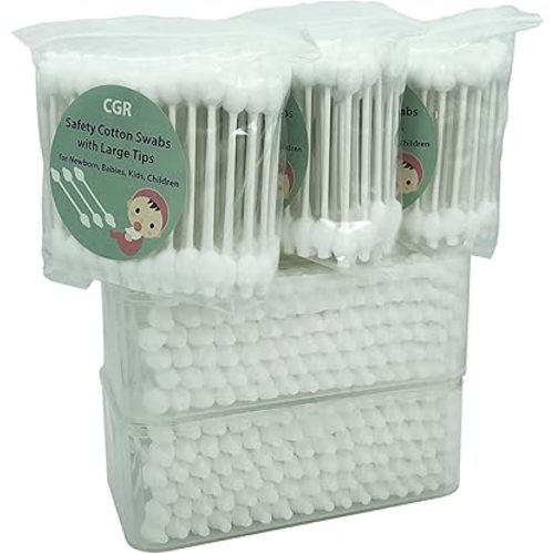400pcs CGR Baby Safety Cotton Swabs with Large Tips for Newborn, Babies, Kids, Children, 100% Organic Cotton, White Paper Sticks, 5 Pack of 80 Swabs Total(2 Boxes and 3 Bags)