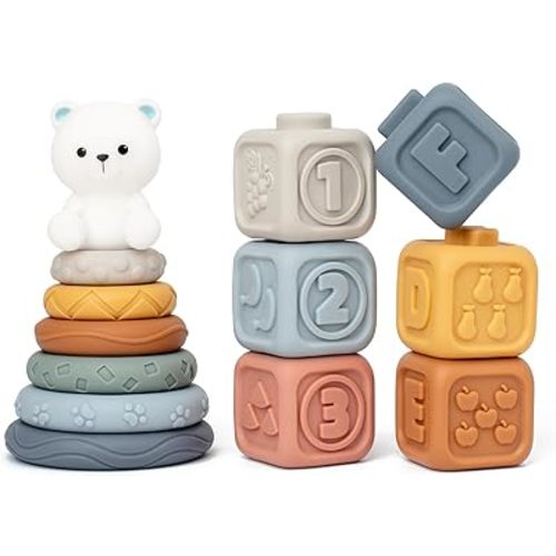 Montessori Stacking Toys Soft Building Blocks for Babies 6-12-18 Months, Infant Sensory Toy for Toddlers 1 2 3 Year Old, Silicone Soft Rings Stacker