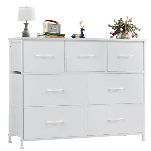 OLIXIS Dresser for Bedroom, 7 Storage Drawers, Wide Fabric Closet Chests Organizer Tower Furniture, TV Stand with Wooden Top Metal Frame for Clothes, Living Room, Hallway, Entryway, Classic White