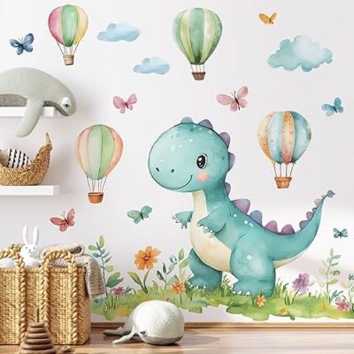 2 Sheets Removable Cartoon Dinosaur Wall Decals Watercolor Hot Air Balloon Clouds Wall Decal DIY Flowers Butterflies Green Plants Wall Art Decor for Kids Nursery Bedroom Living Room Decor