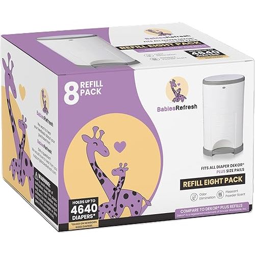 Refills Compatible with DEKOR PLUS Diaper Pail Refills | 8 Pack | Diaper Pail Odor Eliminator| Fresh Powder Scent | Each Diaper Bag Refill Holds up to 4640 Diapers | Diaper bin refill