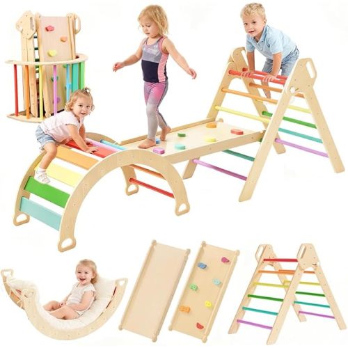 Large pikler Triangle Set with Cushion，7 in 1 Foldable Baby Jungle Gym with Ramp & Arch，Wooden Montessori Climbing Toys Indoor