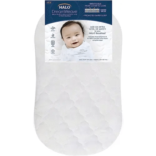 HALO DreamWeave Breathable Mesh BassiNest Mattress Replacement Pad – 100% Machine Washable Cover – Hypoallergenic, Non-Toxic Materials – 30” x 18” x 1.3”