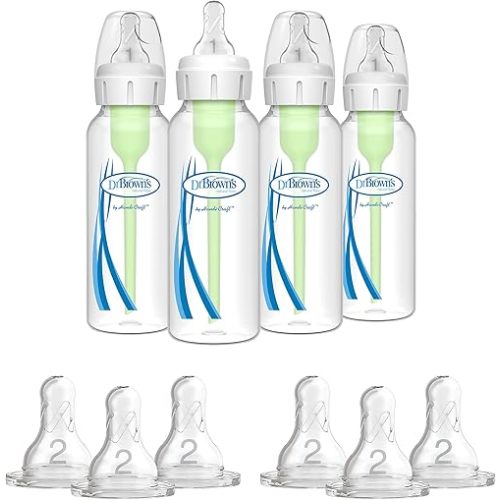 Dr. Brown's Options+ Anti-Colic Baby Bottle - 8oz - 4 Pack and Dr. Brown's Original Nipple, Level 2 (3m+), 6 Count