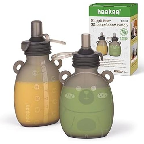 haakaa Happii Bear Silicone Goody Pouch,Reusable Baby Food Pouches for Homemade Organic Purees, Juices, Smoothies, and Yogurt - Perfect for Toddlers and Kids - 2 Pack, 6oz
