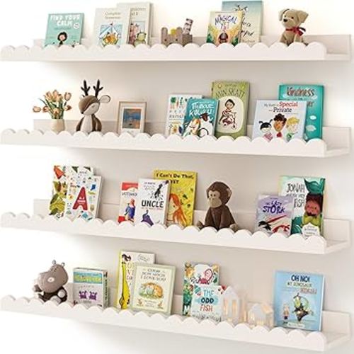 Shario Nursery Book Shelves, 4-Pack Wood Floating Shelves for Wall Kids, Scalloped Shelves, Wall Book Shelves for Bedroom Kids, Toddler Room, Baby Room, Nursery Decor (White, 31.5 Inches)