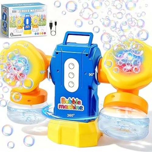 Rechargeable Bubble Machine for Kids, Dual Switch Control, Automatic 360° Rotation & 90° Adjustable Bubble Blower Maker with LED Lights Indoor Outdoor Toy Gift for Birthday Wedding Parties