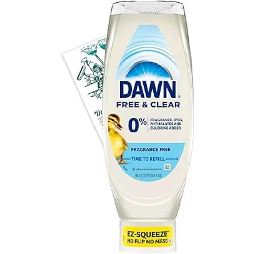 Bleam Cleaning Set - Dawn Free & Clear EZ-Squeeze Dish Soap Fragrance Free 24.3 Oz - With A Double Side Multi-Purpose Microfiber Sponge Cleaning Tip Card - Set