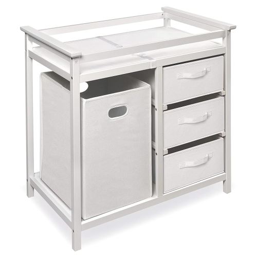 Badger Basket Modern Baby Changing Table - Portable Diaper Station with 3 Drawers Pad & Hamper - Storage Organizer for Baby Clothes, Diapers & Toys - Fresh White/White