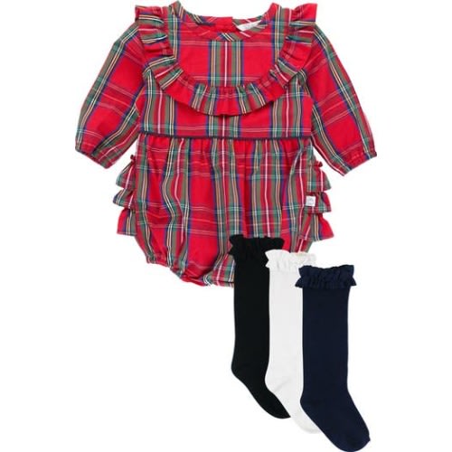 Tartan Cotton Bubble Romper & 3-Pack Over-the-Knee Socks Set