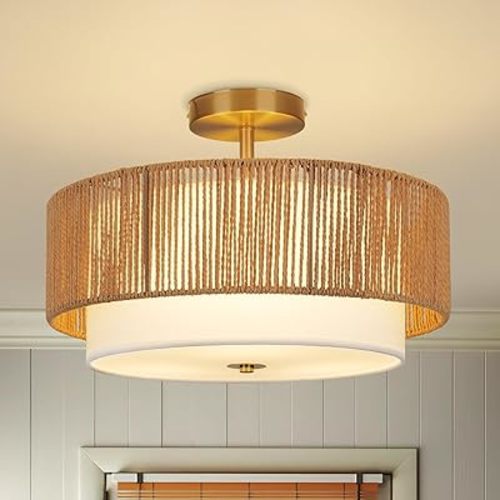 Scyvenra 16'' Semi Flush Mount Ceiling Light Fixture, Boho Light Fixtures with 2-Tier Drum White Fabric Shade, 3-Light Farmhouse Rattan Drum Light Fixture for Bedroom, Living Room, Kitchen